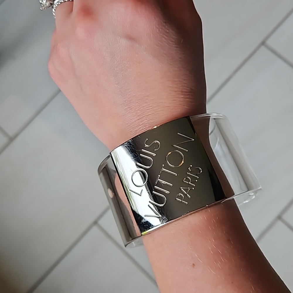 Louis Vuitton Clear Resin Silver Logo Cuff Bangle Bracelet w/Dustbag - AUTHENTIC
